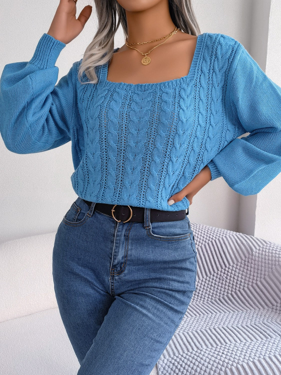 Cable-Knit Square Neck Long Sleeve Sweater