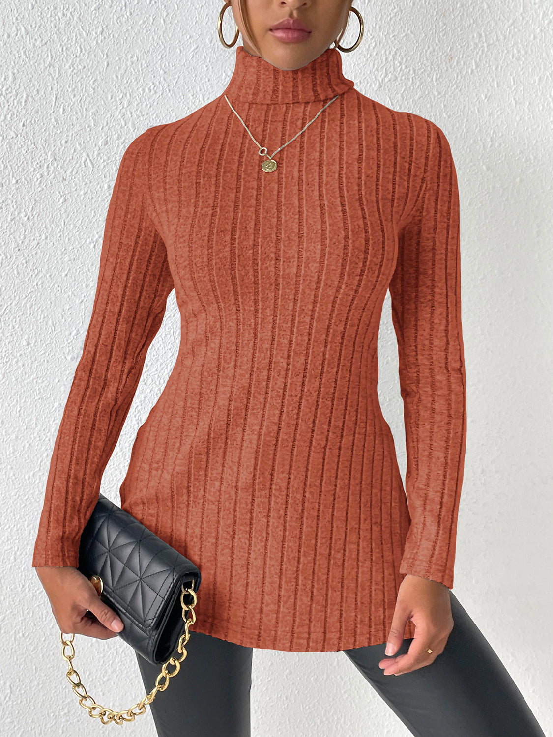 Ribbed Turtleneck Long Sleeve Slit T-Shirt