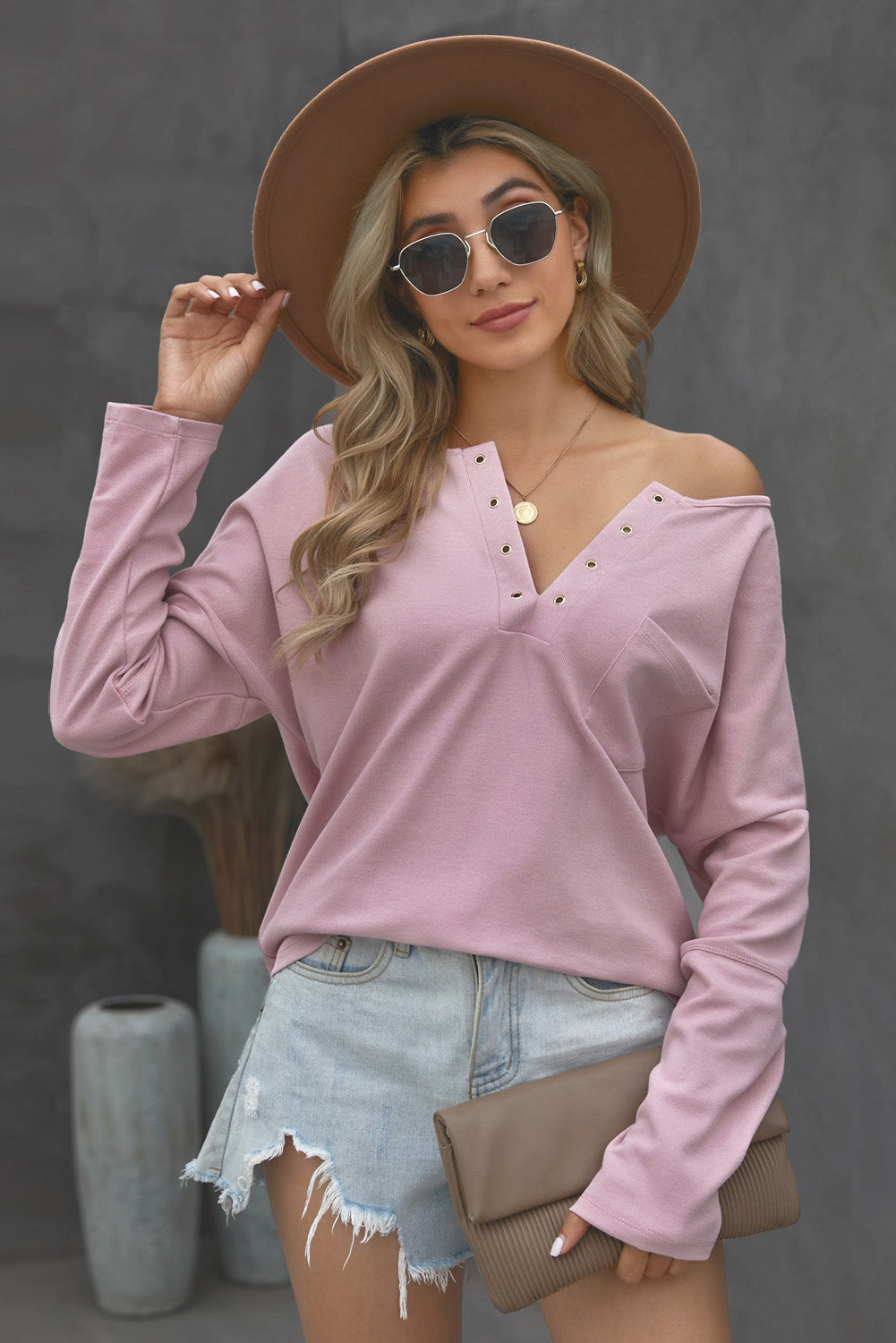 Grommet Long Sleeve V-Neck Top