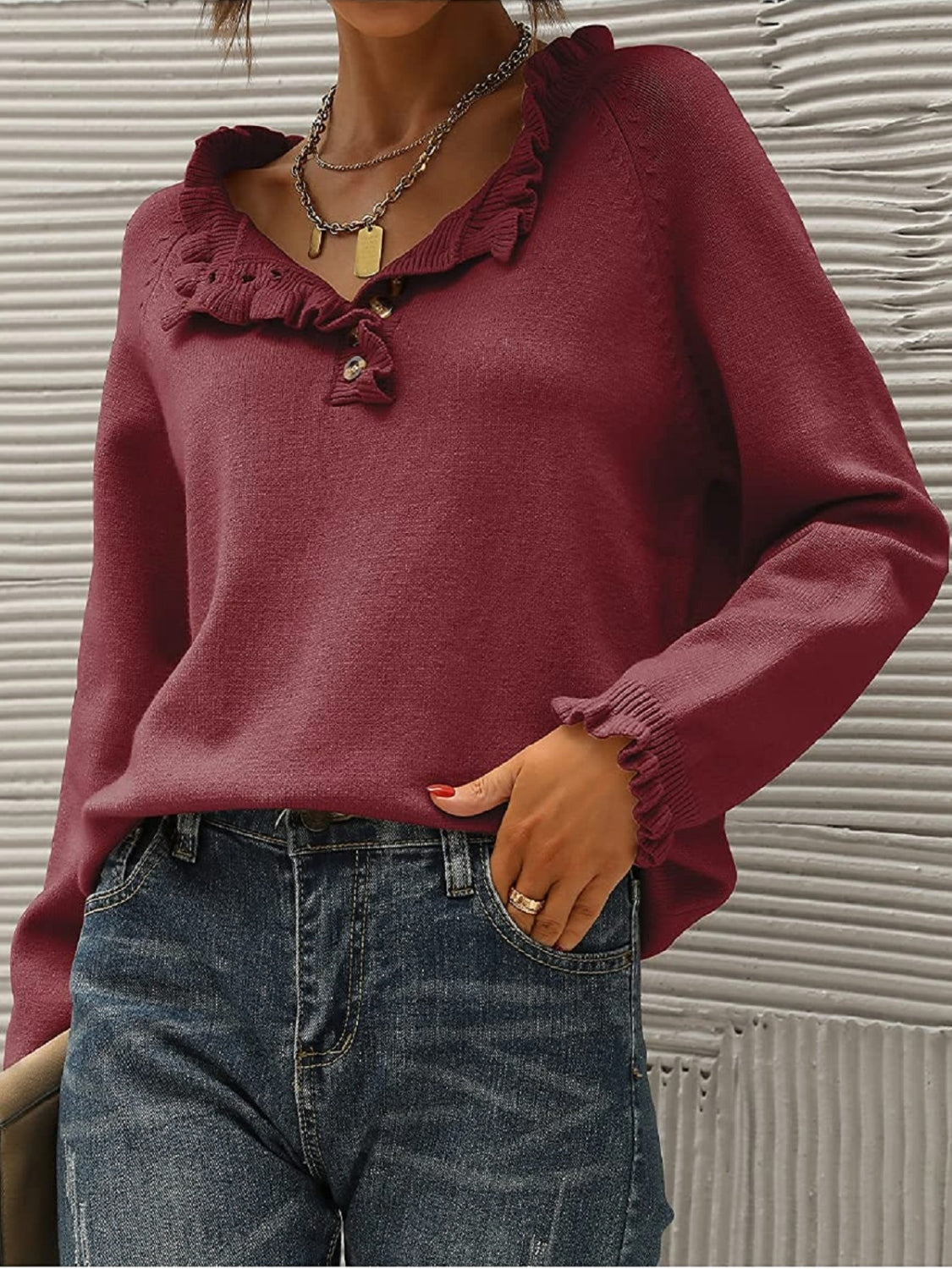 Ruffled Quarter-Button Sweater