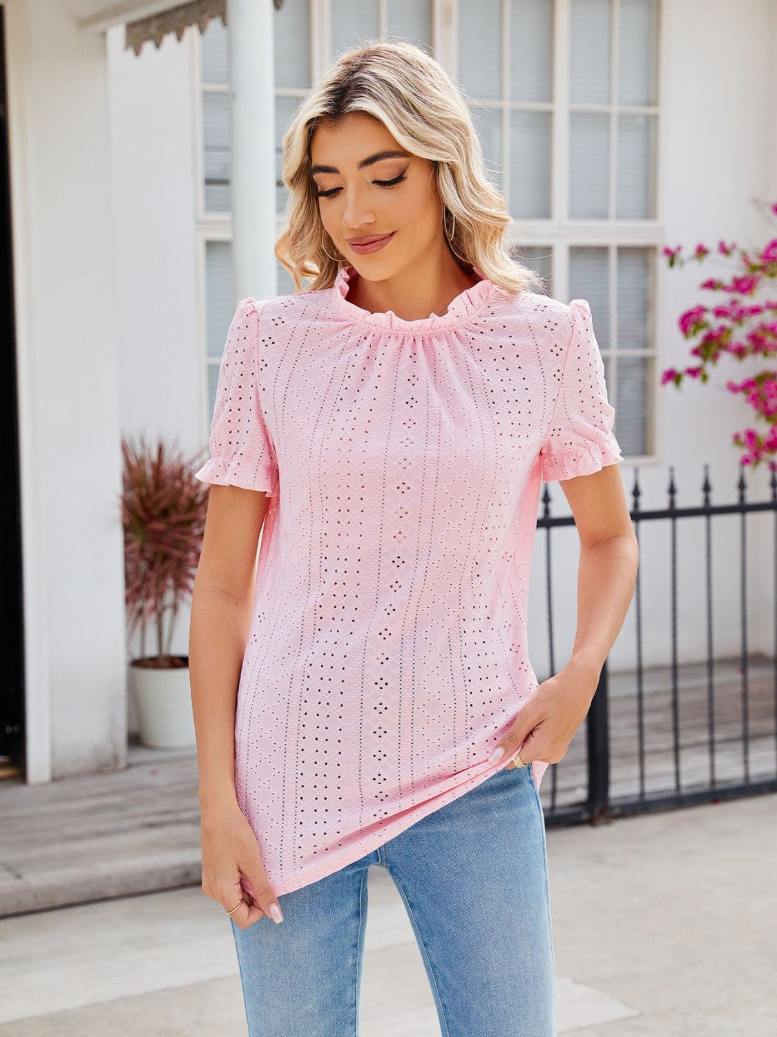 Eyelet Frill Mock Neck Flounce Sleeve Blouse