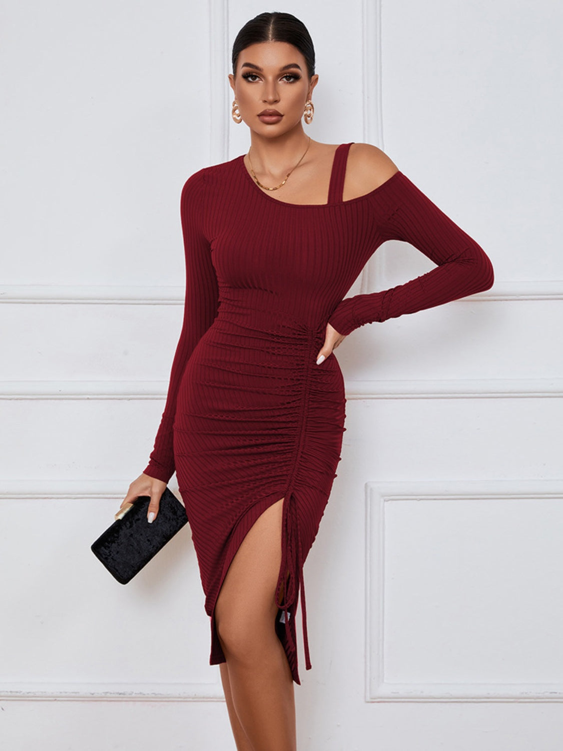 Ribbed Ruched Drawstring Wrap Dress