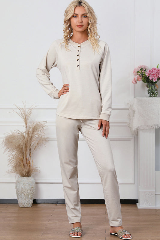 Half Button Round Neck Top and Drawstring Pants Lounge Set