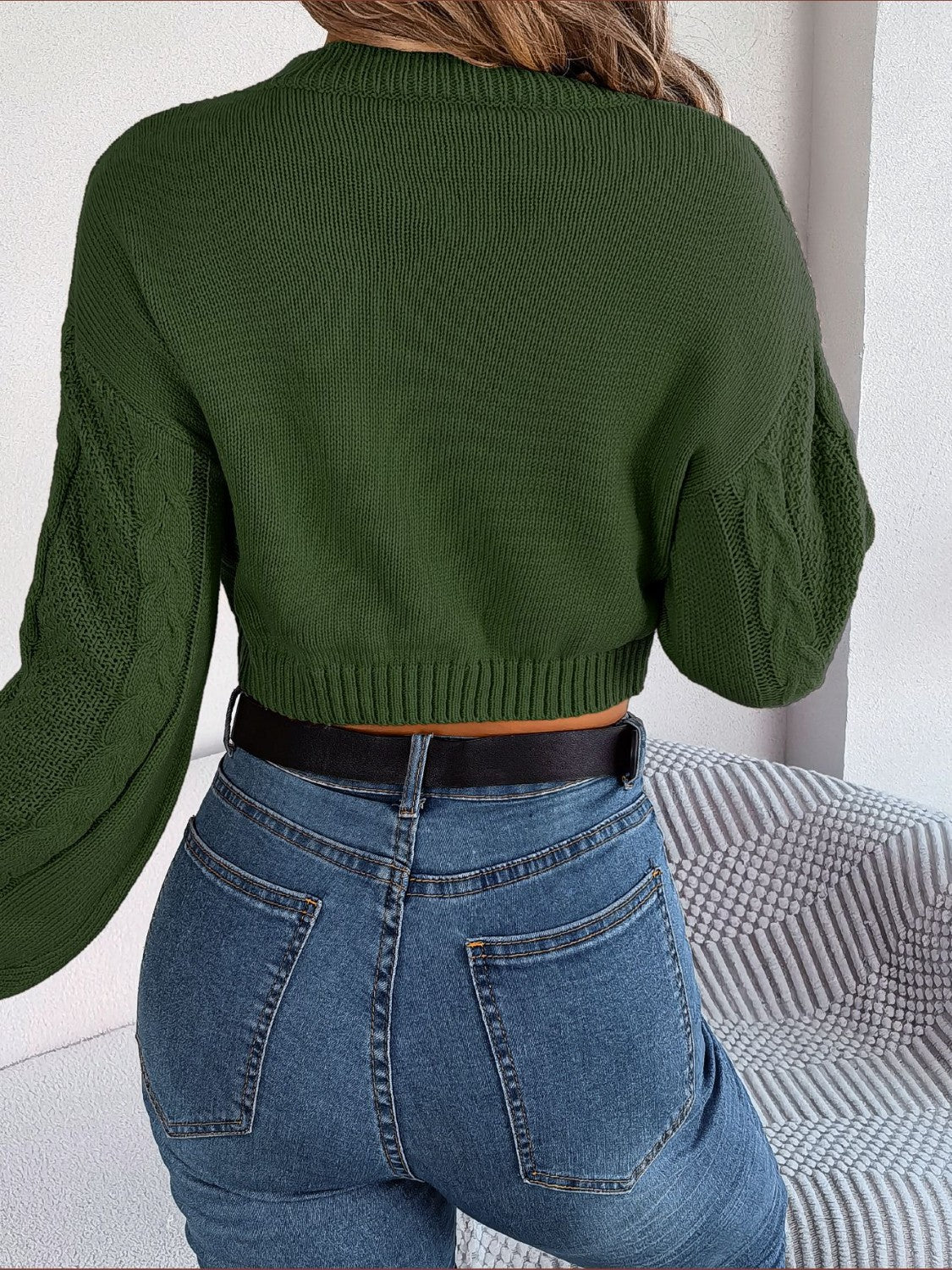 Cable-Knit Round Neck Cropped Sweater