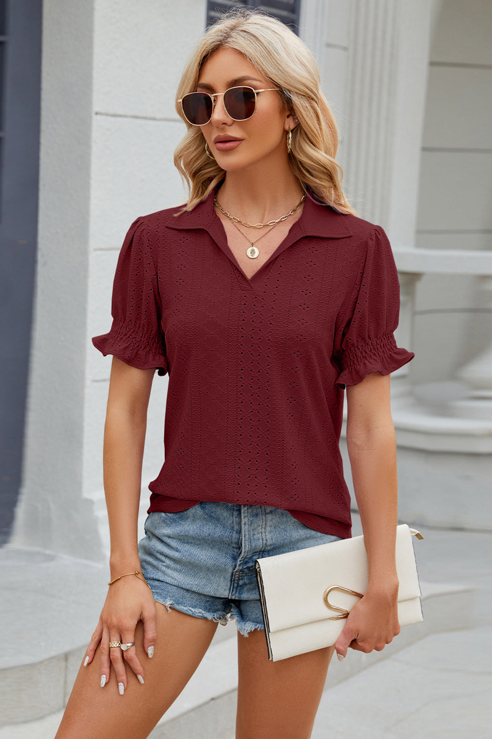 Eyelet Johnny Collar Short Sleeve Blouse