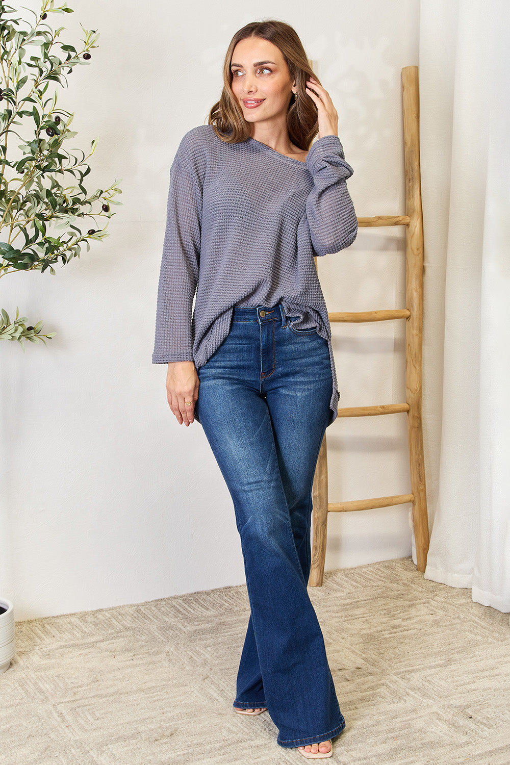 Basic Bae Waffle-Knit Round Neck Long Sleeve Slit Sweatshirt