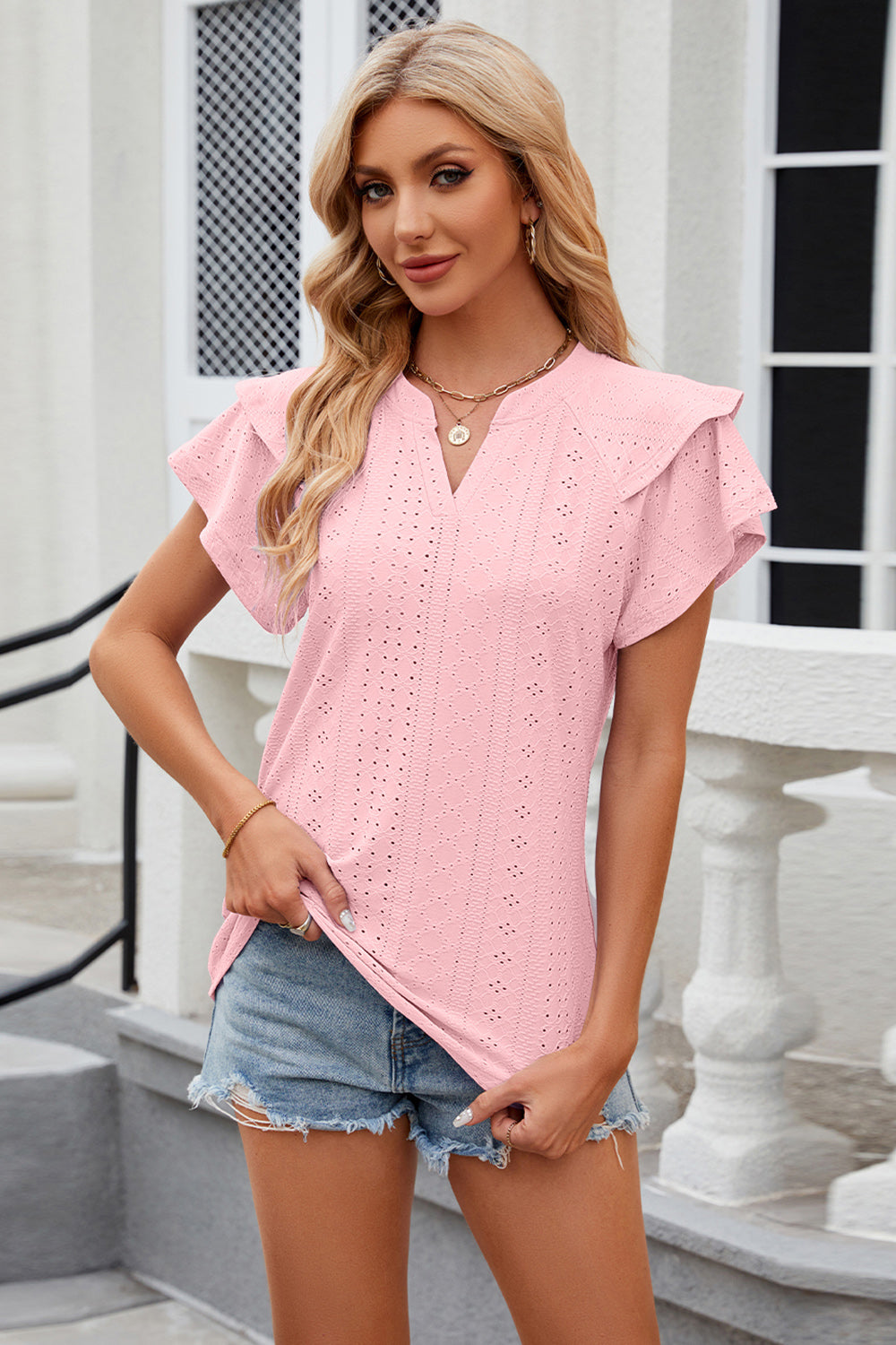 Eyelet Notched Short Sleeve T-Shirt